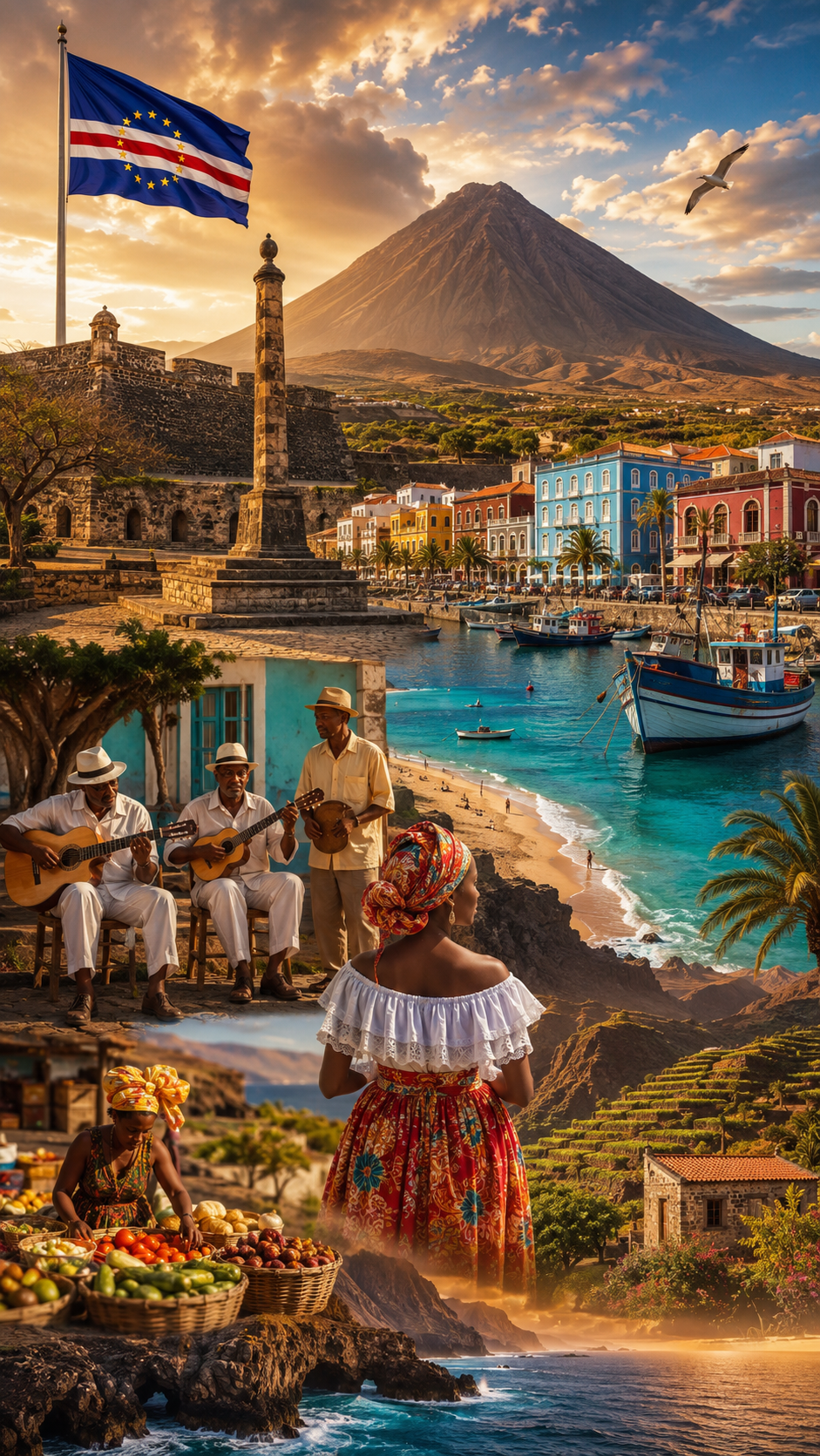 Cape Verde — volcano, harbour and street life at golden hour